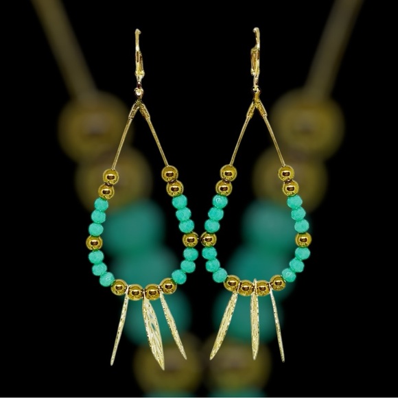 BOUTIQUE Gold and Turquoise Beaded Hoop Earrings, Classy, Dainty, Summer Dangles - Picture 3 of 9